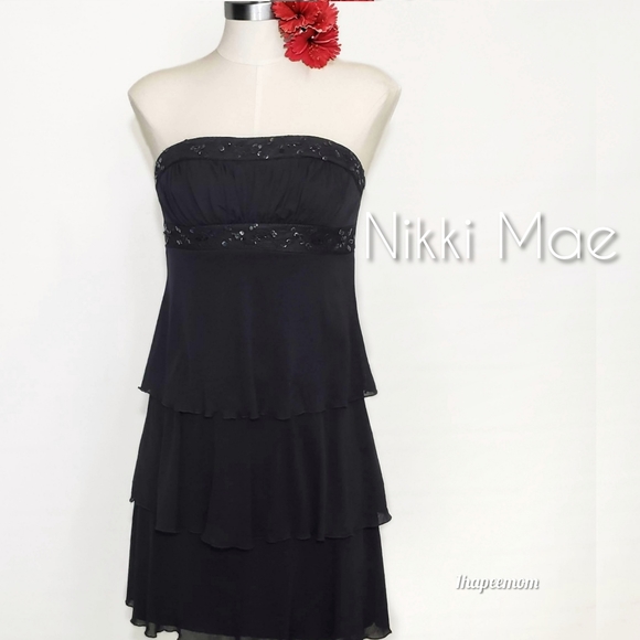 Black Strapless Dress Sequin Trim Layered Skirt - Picture 9 of 9